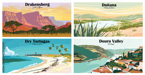 Travel landmarks tourism world famous, Vector illustration. Design for travel wallpaper, flyer or web banner design template. Panorama view. Copy space