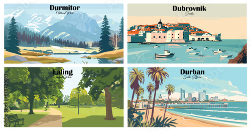 Travel landmarks tourism world famous, Vector illustration. Design for travel wallpaper, flyer or web banner design template. Panorama view. Copy space