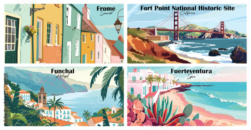 Travel landmarks tourism world famous, Vector illustration. Design for travel wallpaper, flyer or web banner design template. Panorama view. Copy space