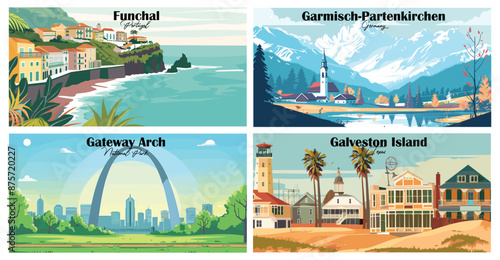 Travel landmarks tourism world famous, Vector illustration. Design for travel wallpaper, flyer or web banner design template. Panorama view. Copy space