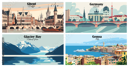 Travel landmarks tourism world famous, Vector illustration. Design for travel wallpaper, flyer or web banner design template. Panorama view. Copy space photo