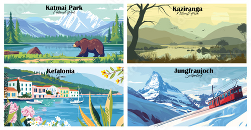 Travel landmarks tourism world famous, Vector illustration. Design for travel wallpaper, flyer or web banner design template. Panorama view. Copy space