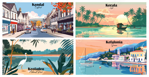 Travel landmarks tourism world famous, Vector illustration. Design for travel wallpaper, flyer or web banner design template. Panorama view. Copy space