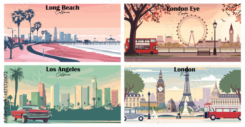 Travel landmarks tourism world famous, Vector illustration. Design for travel wallpaper, flyer or web banner design template. Panorama view. Copy space