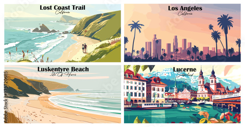 Travel landmarks tourism world famous, Vector illustration. Design for travel wallpaper, flyer or web banner design template. Panorama view. Copy space