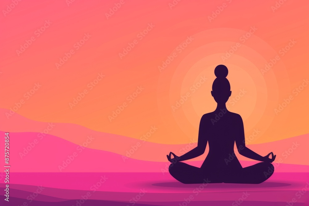 Silhouette of a woman meditating in lotus pose at sunset. Peaceful and serene scene. Silhouette of a woman meditating in lotus pose at sunset. Peaceful and serene scene.