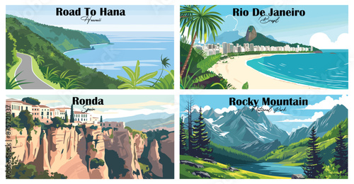Travel landmarks tourism world famous, Vector illustration. Design for travel wallpaper, flyer or web banner design template. Panorama view. Copy space