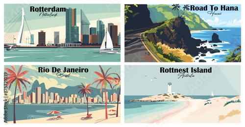 Travel landmarks tourism world famous, Vector illustration. Design for travel wallpaper, flyer or web banner design template. Panorama view. Copy space