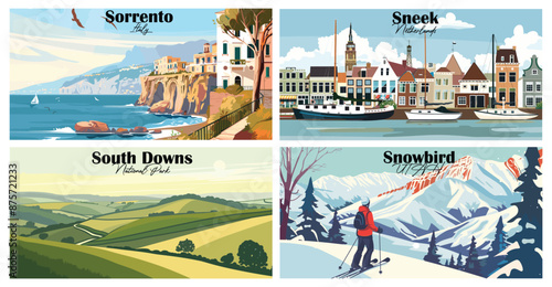 Travel landmarks tourism world famous, Vector illustration. Design for travel wallpaper, flyer or web banner design template. Panorama view. Copy space