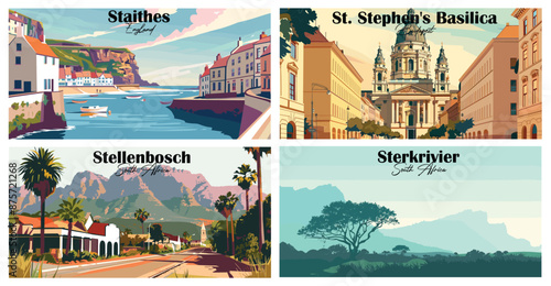 Travel landmarks tourism world famous, Vector illustration. Design for travel wallpaper, flyer or web banner design template. Panorama view. Copy space