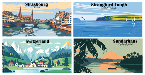 Travel landmarks tourism world famous, Vector illustration. Design for travel wallpaper, flyer or web banner design template. Panorama view. Copy space