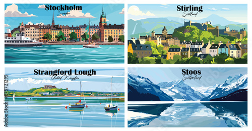 Travel landmarks tourism world famous, Vector illustration. Design for travel wallpaper, flyer or web banner design template. Panorama view. Copy space