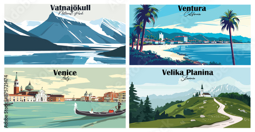 Travel landmarks tourism world famous, Vector illustration. Design for travel wallpaper, flyer or web banner design template. Panorama view. Copy space