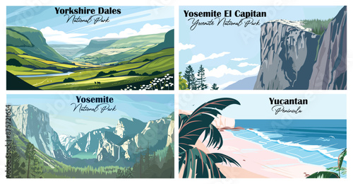 Travel landmarks tourism world famous, Vector illustration. Design for travel wallpaper, flyer or web banner design template. Panorama view. Copy space