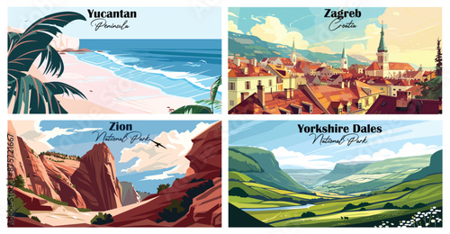 Travel landmarks tourism world famous, Vector illustration. Design for travel wallpaper, flyer or web banner design template. Panorama view. Copy space