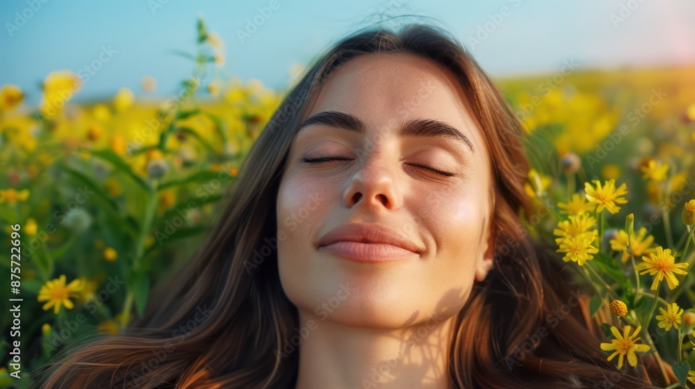 Woman Finding Peace and Tranquility in Nature, Serene Moment of Relaxation, Gentle Care and Mindfulness, Finding Calm in the Outdoors, Tranquil Field of Yellow Flowers Woman Finding Peace and Tranquility in Nature, Serene Moment of Relaxation, Gentle Care and Mindfulness, Finding Calm in the Outdoors, Tranquil Field of Yellow Flowers