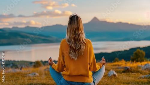 Wallpaper Mural Woman Meditating in Nature, Finding Inner Peace and Tranquility, Serenity and Care in the Mountains, A Moment of Calm and Nurturing, Peaceful Landscape, Yoga, Mindfulness, Relaxation, Spiritual Torontodigital.ca