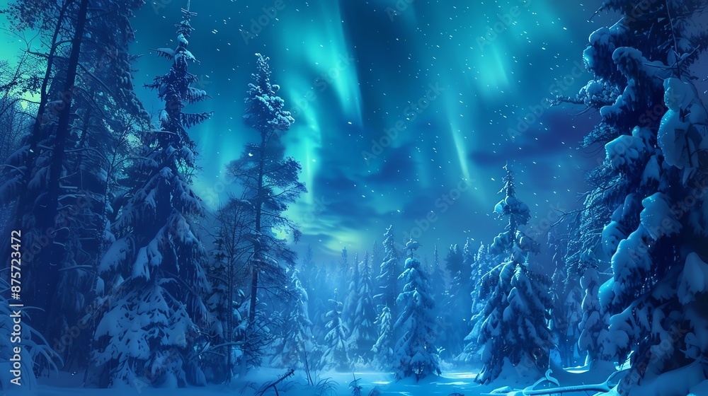 A snowy forest at night with the aurora borealis overhead. A snowy forest at night with the aurora borealis overhead.