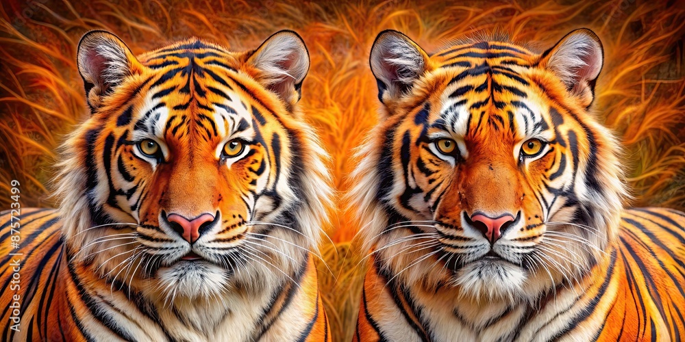 Fototapeta premium Abstract art representation of orange tigers showcasing the dual essence of the wild, wildlife, exotic, feline, vibrant