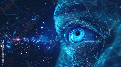 Human android cyborg eye futuristic control protection personal internet security access.Concept robot dna system, future scientific technology innovation science. Blue polygonal vector