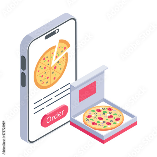 Here’s an isometric icon of pizza order app 

