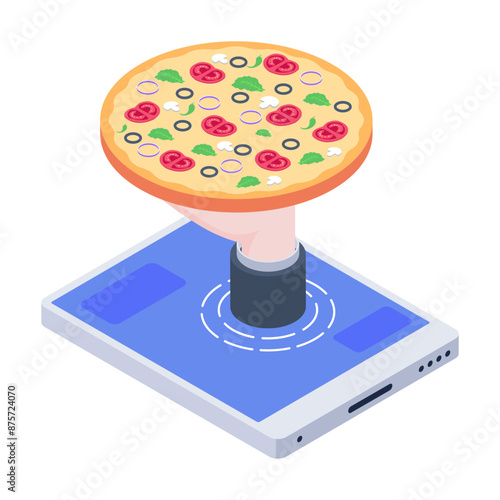 Get this isometric icon of online pizza ordering 

