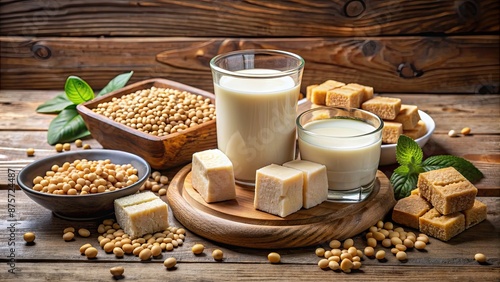 Close up of various soy products including tofu, soy milk, and tempeh on a wooden table, soy, products, tofu