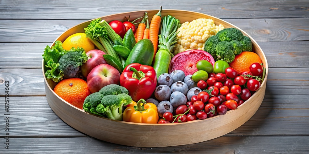 Assorted healthy vegetables and fruits rich in vitamin A arranged in a round box, nutrition, vitamin A, vegetables, fruits Assorted healthy vegetables and fruits rich in vitamin A arranged in a round box, nutrition, vitamin A, vegetables, fruits