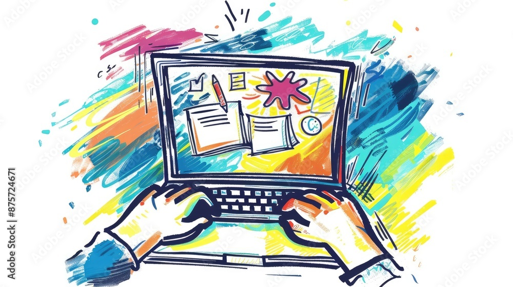 Fun doodle illustration of a laptop with hands typing and multiple open ...