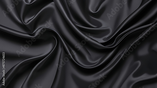 Black silk background with dark luxurious fabric draped texture folds in waves of flowing soft pattern, abstract satin or velvet cloth in luxury material design. ai