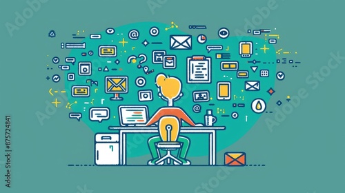 Wallpaper Mural Fun doodle-style image of a coding tutor concept, with a person at a desk and various programming icons floating nearby. Torontodigital.ca