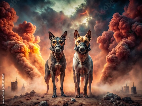 Canine survivors don gas masks, standing vigilant amidst a crimson haze of toxic smoke, evoking a haunting atmosphere of resilience in a desolate, ravaged world. photo