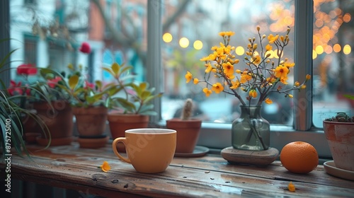Background image of branch with flower blooming and cup of hot coffee placed ...
