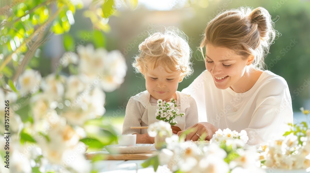 Mother and child enjoying a sunny day in a blooming garden. Mother and child enjoying a sunny day in a blooming garden.