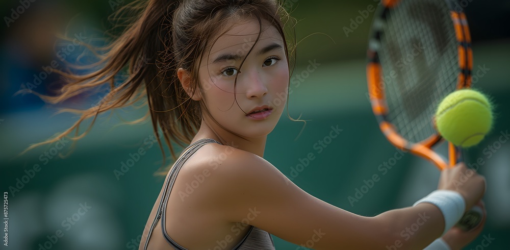 Fototapeta premium Asian female tennis player on the court, epitomizing female athleticism in the sport.