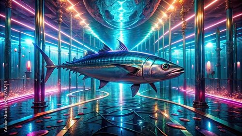 Vibrant neon lights illuminate a sleek, metallic ocean landscape, where a glowing albacore tuna swims among futuristic underwater structures and swirling digital patterns.