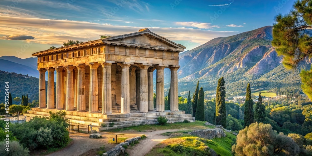 Ancient Greek temple surrounded by trees with mountains in background ...