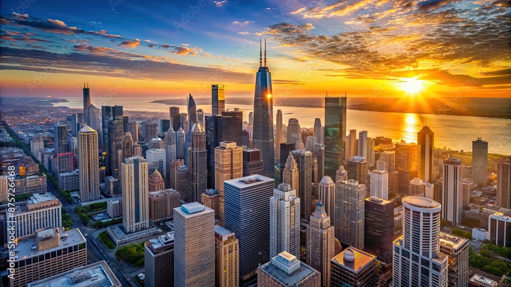 Naklejka premium Aerial view of Chicago Downtown skyline at sunrise with sun rays, Chicago, skyline, aerial view, cityscape, sunrise