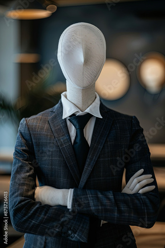 Faceless mannequin in a business suit standing confidently with crossed arms, representing the impersonal nature of corporate personas