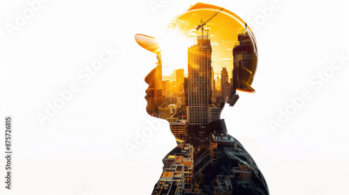Double exposure of a construction worker and cityscape, isolated on a white background with a clipping path