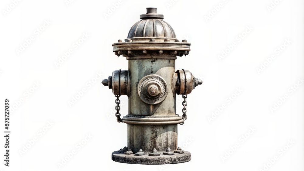 Naklejka premium Vintage urban infrastructure element isolated on white background, worn fire hydrant with intricate details in high-contrast monochrome tone.