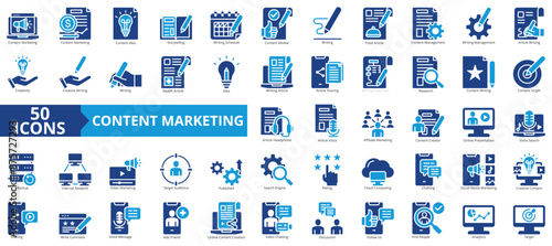Content marketing icon collection set. Containing idea, storytelling, writing schedule, review, writing, food article, management icon. Simple flat vector.