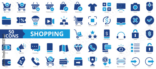 Shopping icon collection set. Containing add to cart, remove, basket, bag, t shirt, calculator, monitor icon. Simple flat vector.