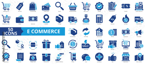 Ecommerce icon collection set. Containing shopping cart, sale tag, bag, credit cards, search, basket, quality icon. Simple flat vector.