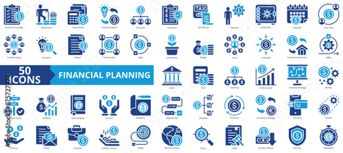 Financial planning icon collection set. Containing retirement, accounting, implementation, structure, insurance, tax receipt, planner icon. Simple flat vector.