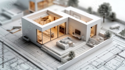 Fototapeta Naklejka Na Ścianę i Meble -  3d small house model on architecture floorplan created with Generative AI