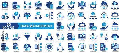 Data management icon collection set. Containing database, monitor, growth graph, cloud, storage, setting, filter icon. Simple flat vector.