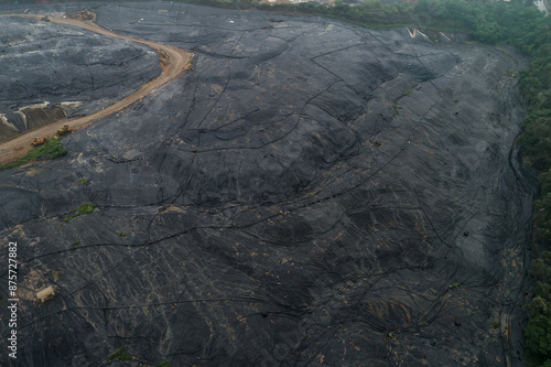 Aerial photography of an open-air garbage disposal landfill covered with anti-seepage membrane