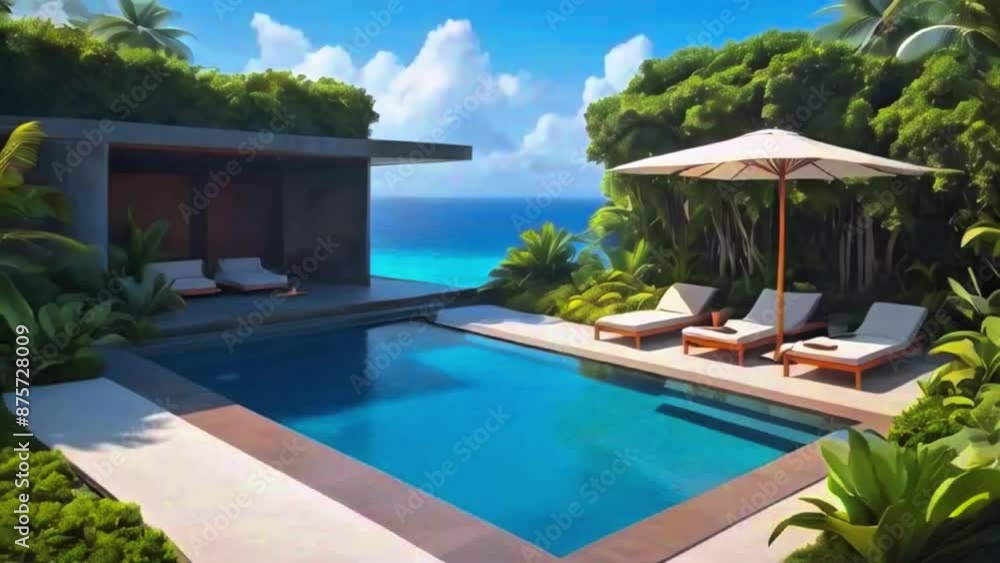 Swimming pool in hotel resort on shoreline of an ocean, luxurious resort on an island generative AI Swimming pool in hotel resort on shoreline of an ocean, luxurious resort on an island generative AI