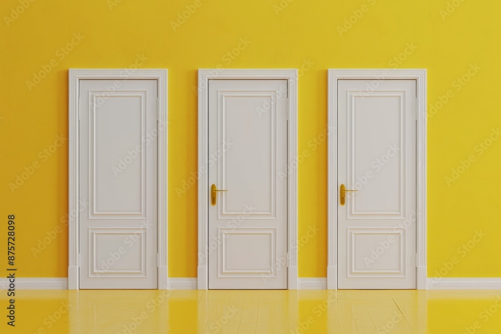 Minimal conceptual scene of three white door on yellow background Minimal conceptual scene of three white door on yellow background